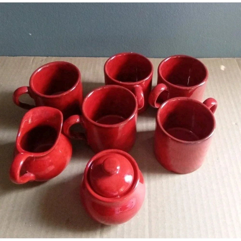 Red Ceramic Coffee Set,‎ 5Cups, Creamer, Sugar Bowl and Lid Included